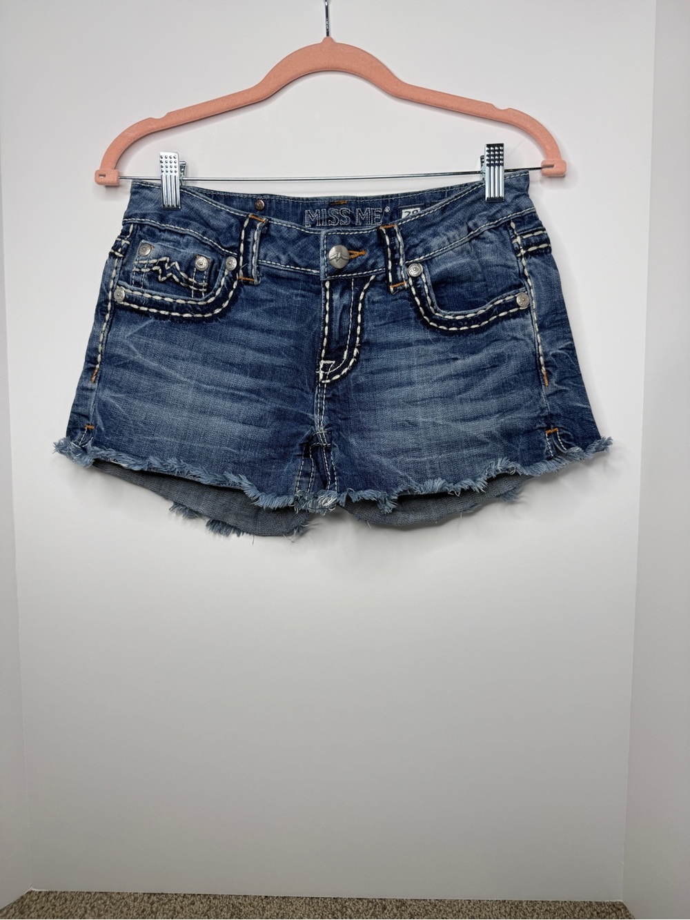 Miss Me Indigo Distressed Frayed Hem Denim Shorts